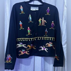 Michael Simon Lite Equestrian/Jockey Embroidered Black Cardigan, size medium.